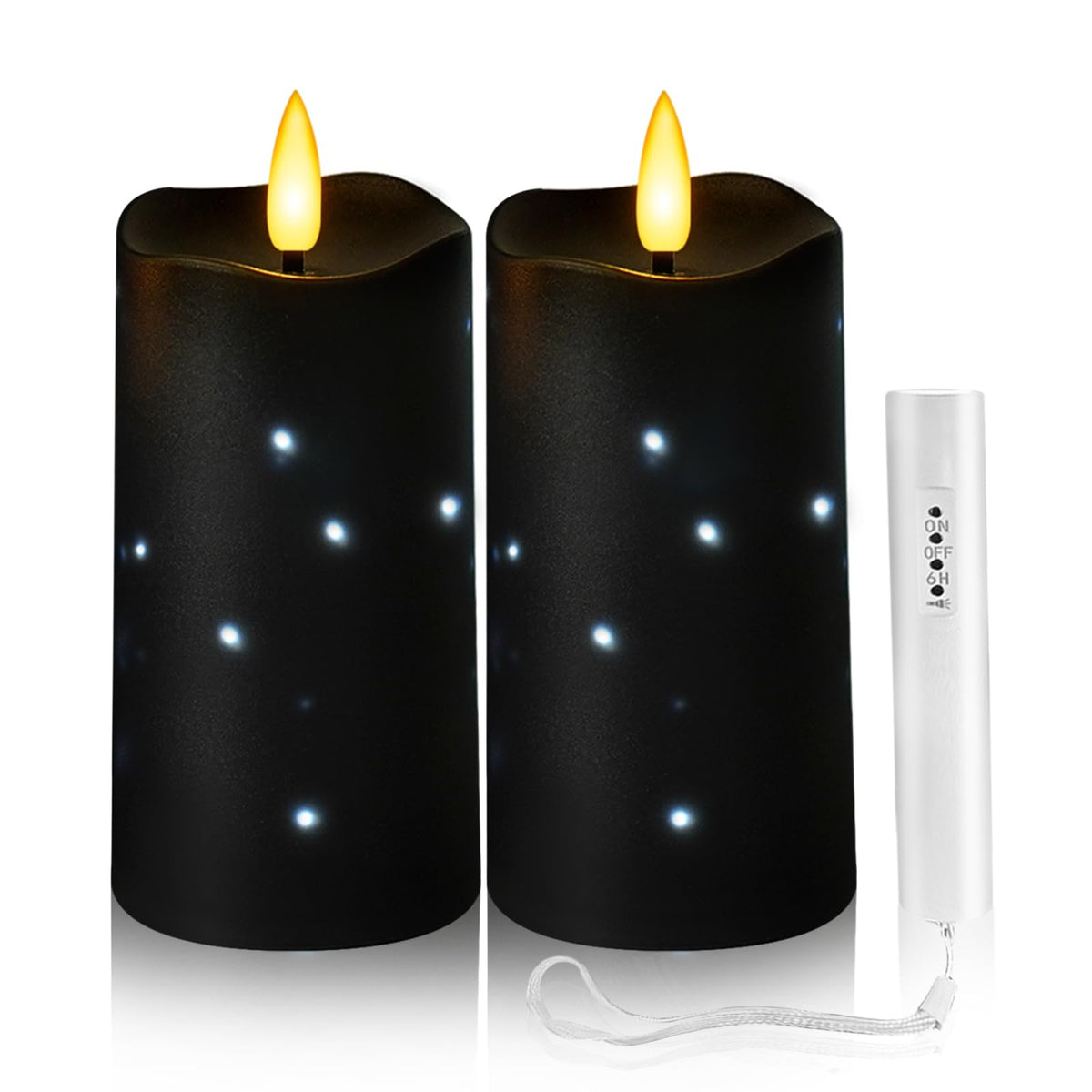 Flameless Candles Embeded Twinkle Starlight, Waterproof LED Flameless Candles with Remote, Plastics Realistic Pillar Candles for Home Decor, Outdoor Garden, Patio Decor 2pcs(Black)