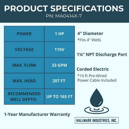 Hallmark Industries MA0414X-7 Deep Well Submersible Pump, 1HP, 110V 60HZ, 33 Gpm, Stainless Steel, Long Life