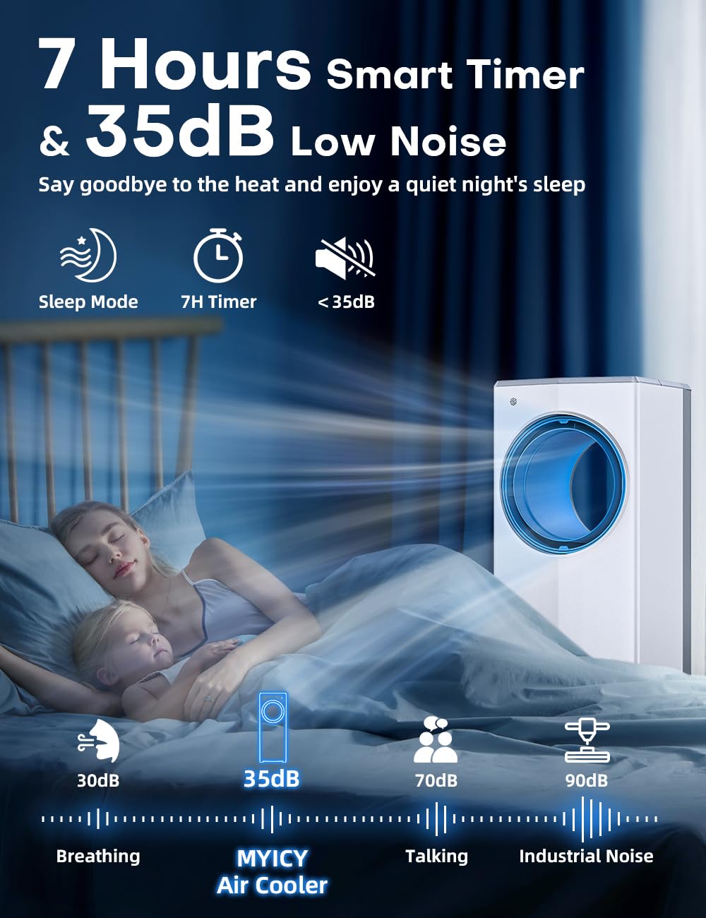 MYICY 27 INCH Evaporative Air Cooler, Windowless Swamp Cooler Portable Air Conditioners w/Normal/Natural/Sleep/Cooling Mode,3 Speeds,Double Tanks& Remote & Smart Timer, Bladeless Air Cooler for Room