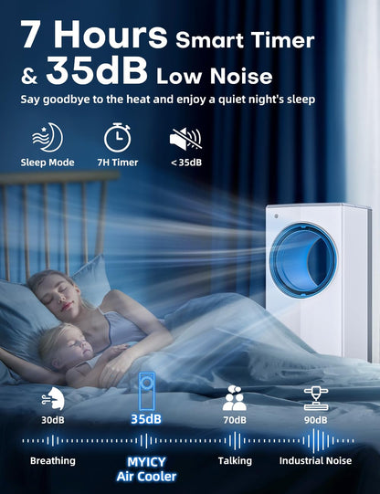 MYICY 27 INCH Evaporative Air Cooler, Windowless Swamp Cooler Portable Air Conditioners w/Normal/Natural/Sleep/Cooling Mode,3 Speeds,Double Tanks& Remote & Smart Timer, Bladeless Air Cooler for Room
