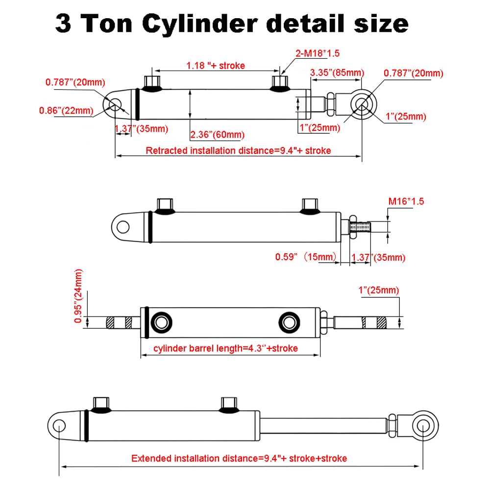 RHKING 2x10 Hydraulic Cylinder 3 Ton Double Acting Welded Hydraulic Cylinder 2" Bore x 10" Stroke with 3/8" JIC 37°(9/16"-18 Thread) Hydraulic End Connectors Maximum Thrust Force 6613lbs