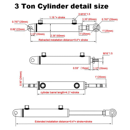 RHKING 2x10 Hydraulic Cylinder 3 Ton Double Acting Welded Hydraulic Cylinder 2" Bore x 10" Stroke with 3/8" JIC 37°(9/16"-18 Thread) Hydraulic End Connectors Maximum Thrust Force 6613lbs