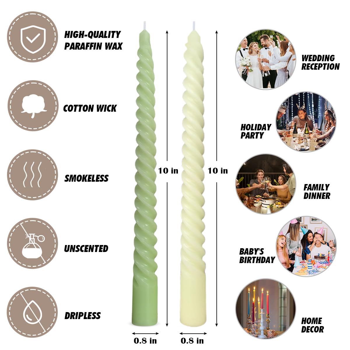 10 Pack Ivory and 10 Pack Sage Green Spiral Taper Candles for Home Decor, 10 Inch Unscented Dripless Twisted Candlesticks for Weddings Dinner Holiday Decoration Formal Events