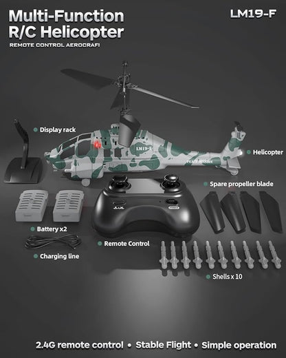 RC Helicopter with 10 Missiles 2.4GHz LM19-F Army Remote Control Helicopter Military Helicopter for Beginners and Adults LED Lights Altitude Hold One-Key Take Off Indoor Friendly