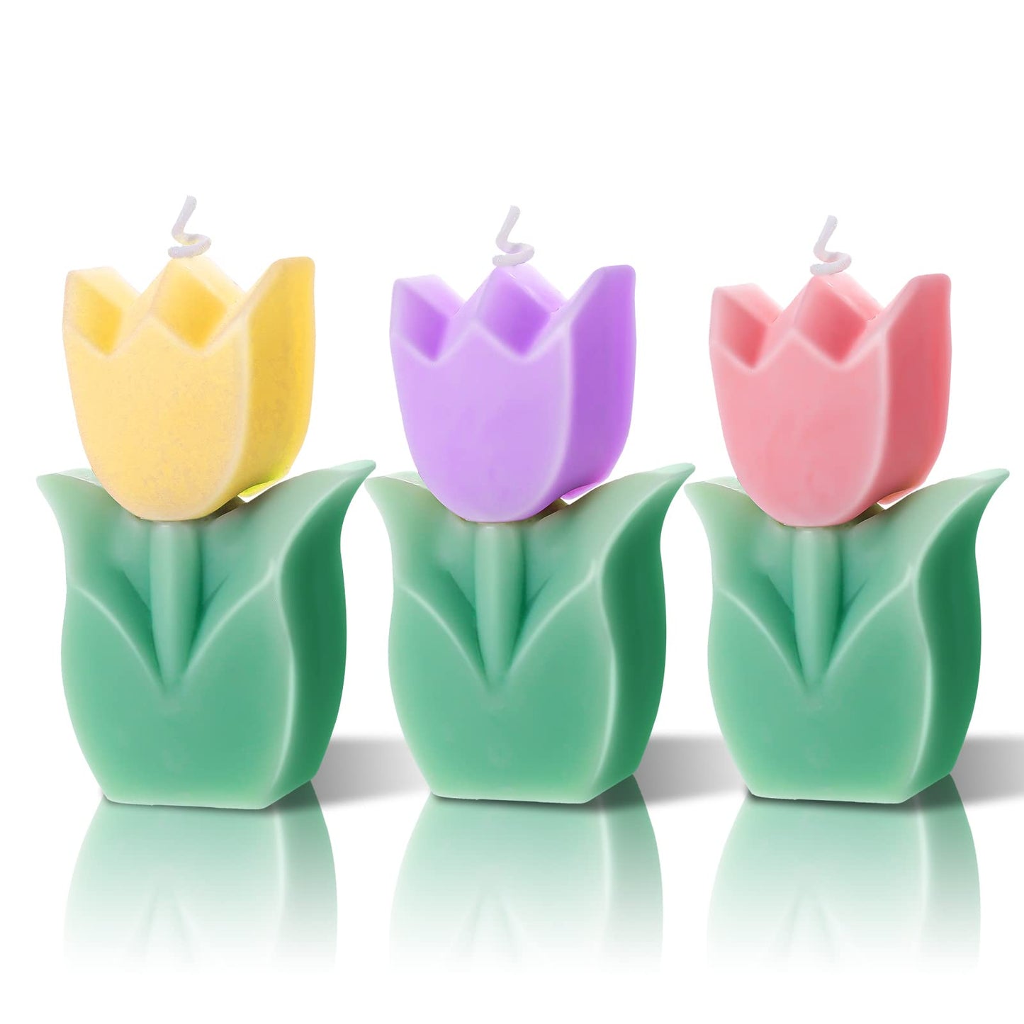 Ferraycle 3 Pcs Flower Tulip Shaped Candles Aesthetic Cute Paraffin Wax Decorative Candle for Gift Wedding Party Favors(Pink, Yellow, Purple)