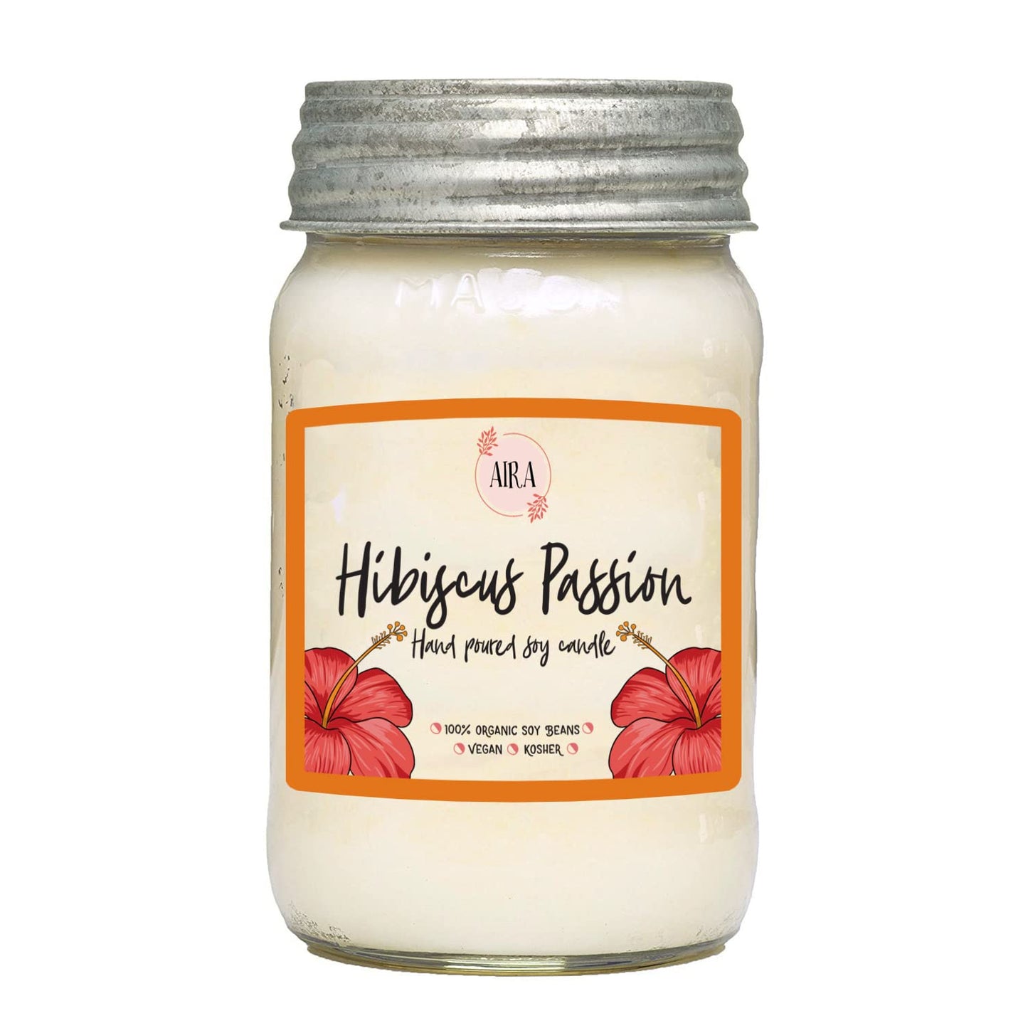 AIRA Soy Candles - Organic, Kosher, Vegan, in Mason Jar w/Therapeutic Grade Essential Oil Blends - Hand-Poured 100% Soy Candle Wax - Paraffin Free, Burns 110+ Hours - Hibiscus Passion -16 Ounces