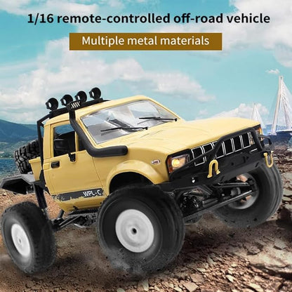 RC Truck 1/16 RC Rock Crawler WPL C14 4x4 RC Semi Truck 2.4GHz Remote Control Car All Terrain Off Road RC Climbing Car with LED Lights and 2 Batteries for Adults (Yellow)