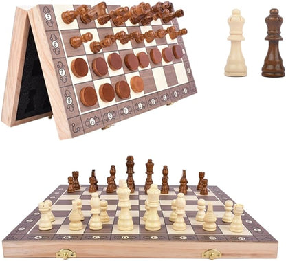 15 Inch Wooden Magnetic Chess Set with Folding Board &amp Storage – Includes Checkers Fun Strategy Game for Kids and Adults Great for Family Game Night