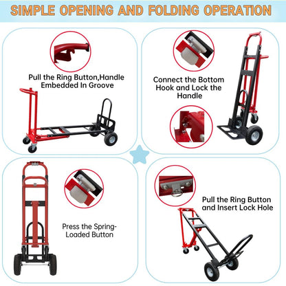 Nebicals Red Convertible Hand Truck Dolly Cart with 4 Wheels Heavy Duty,1000 Lbs Capacity, 2 Straps for Moving Furniture/Appliance/Carton/Warehouse/Office/Easy to Follow Video to Install