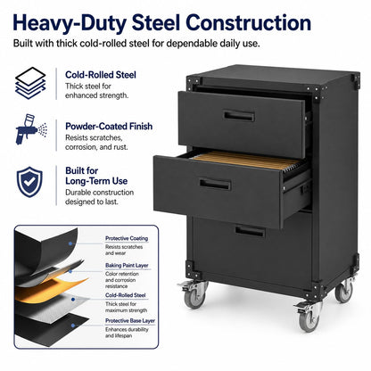 GarveeHome Heavy Duty Metal Tool Cabinet Organizer – 3 Lockable Drawers, Rolling Storage Cart & Workbench, Steel Construction, Easy Assembly, Ideal for Garage, Workshop, Warehouse, Office – Black