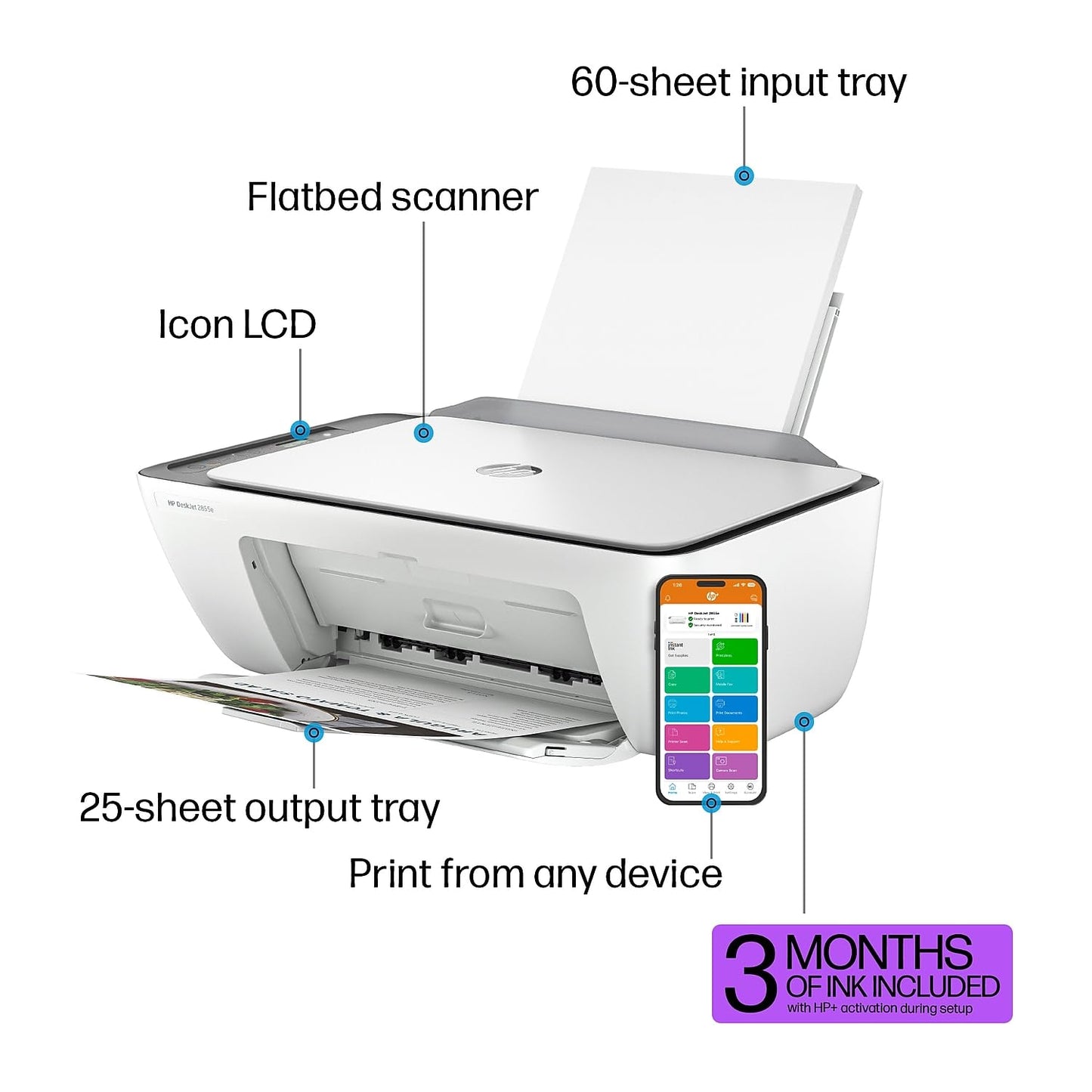 HP DeskJet 2855e Wireless All-in-One Color Inkjet Printer, Scanner, Copier, Best-for-home, 3 months of Instant Ink included, Single-band Wi-Fi connectivity (588S5A)