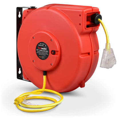 ReelWorks Air Hose Reel Retractable 3/8" Inch x 50' Feet Hybrid Polymer Hose, Max. 300 PSI & Extension Cord Reel Retractable 12awg x 80' Foot 3C/SJTOW Glow Strip Cable