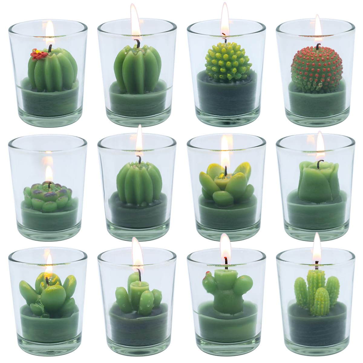 12 Pcs Decorative Succulent Cactus Tealight Candle Set - Handmade Mini Glass Holders, Decorative Votive Candles for House-Warming Party Wedding Baby-Shower and Home Decoration Gifts