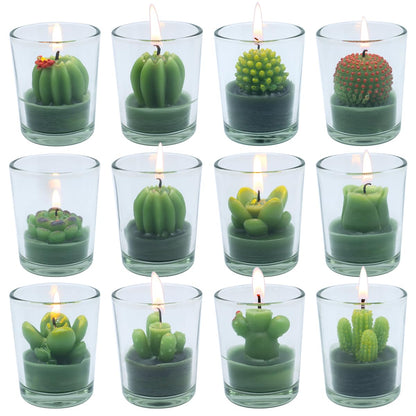12 Pcs Decorative Succulent Cactus Tealight Candle Set - Handmade Mini Glass Holders, Decorative Votive Candles for House-Warming Party Wedding Baby-Shower and Home Decoration Gifts