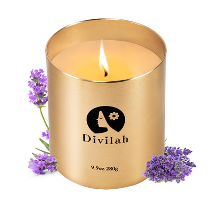 Divilah Lavender Scented Candles, 65 Hour Long Lasting Non Toxic Natural Soy Wax in Gold Aluminum Jar, Luxury Large Home Decorative Scented Candle, Relaxing Aromatherapy Gift for Women & Men, 9.9oz