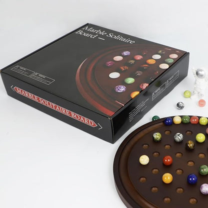 Large Solitaire Game Handmade Solid Wooden Marble Board Game Set with 36 Natural Marble Marbles Classic Thick Round Board Games for Adults Game Night (Walnut Medium)