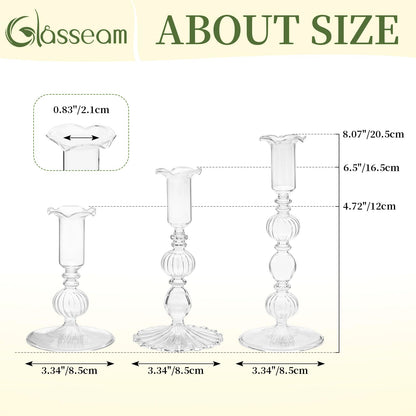 Glasseam Glass Tapered Candlestick Holders: Set of 3 Clear Candle Sticks Holder Decor with Bobeche Modern Ribbed Taper Candle Holders for Table Centerpiece Christmas Wedding Home Decorations