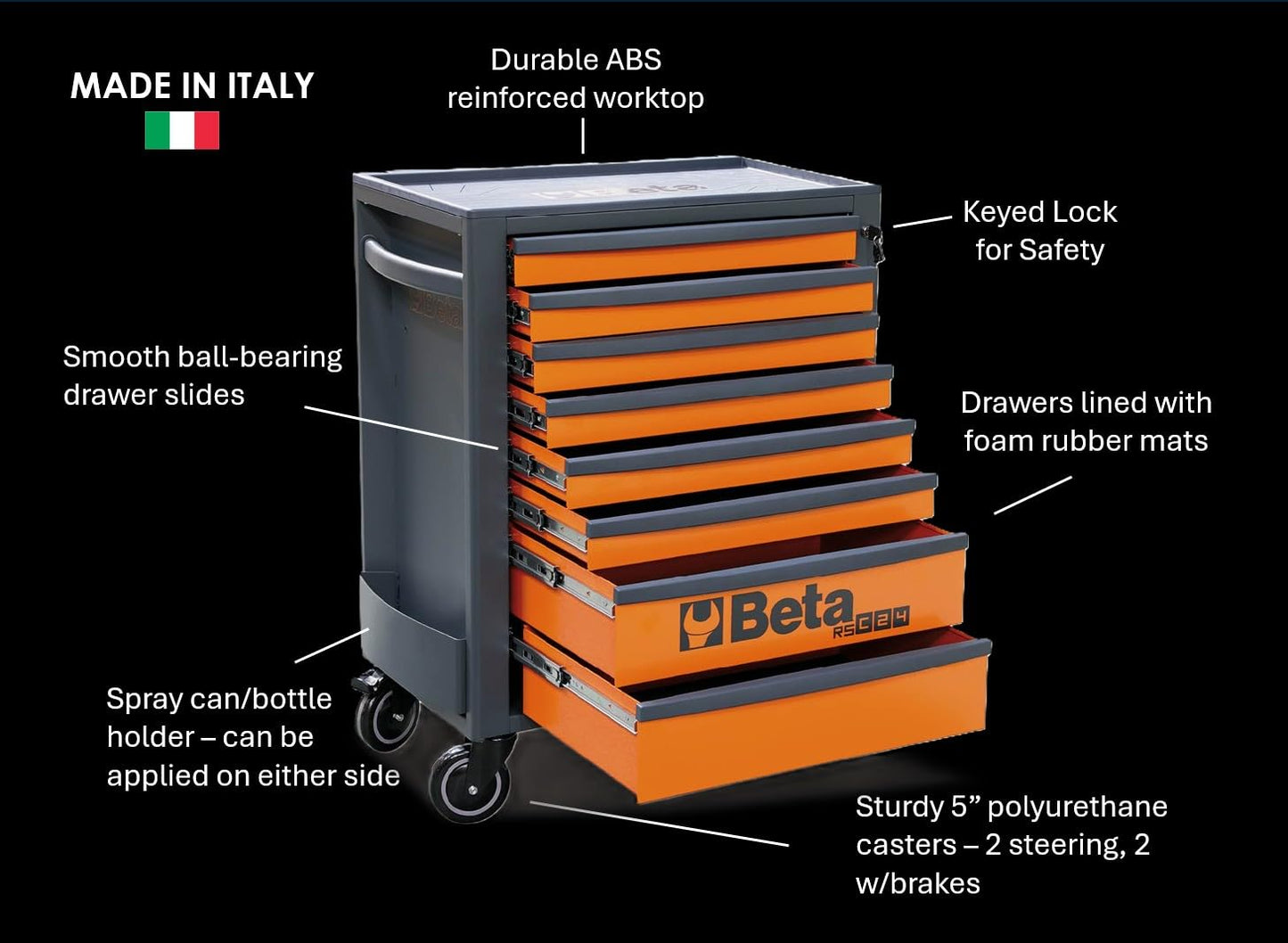 Beta RSC24 Gray 7 Drawer Heavy Duty Rolling Tool Cabinet | Mobile Steel Tool Chest with Ball Bearing Slides | 1760 lbs Load Capacity | 5" Casters | Lockable Portable Toolbox | Made in Italy