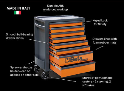 Beta RSC24 Gray 7 Drawer Heavy Duty Rolling Tool Cabinet | Mobile Steel Tool Chest with Ball Bearing Slides | 1760 lbs Load Capacity | 5" Casters | Lockable Portable Toolbox | Made in Italy