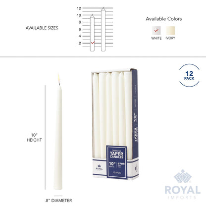Royal Imports Unscented Taper Candles, Elegant Premium Quality, Dripless & Smokeless, Hand-Dipped Dinner Candles for Wedding, Holiday, Home Decor - 7 Hour Burn Time - Set of 12 (10 Inch, White)