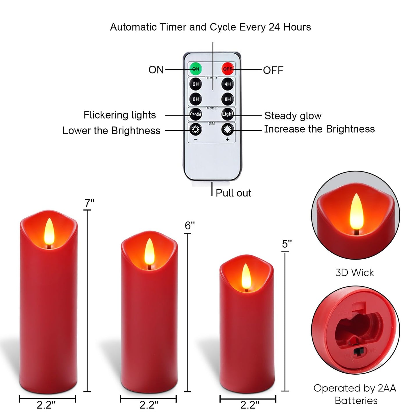 Homemory Christmas Flameless Candles, Battery Operated Candles with Remote Timers, Electric Fake Candles for Home, Christmas Decoration, Made of Plastic, Red/Burgundy, Set of 9