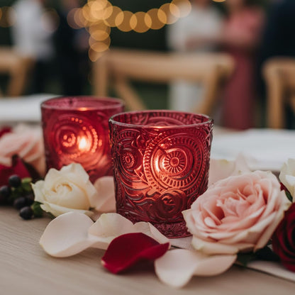 6 Pack Patented Sun Moon Star Embossed Glass Tea Light Candle Holders - Unique Votive Candle Holders for Wedding, Party, and Table Centerpieces (Wildberry Red)