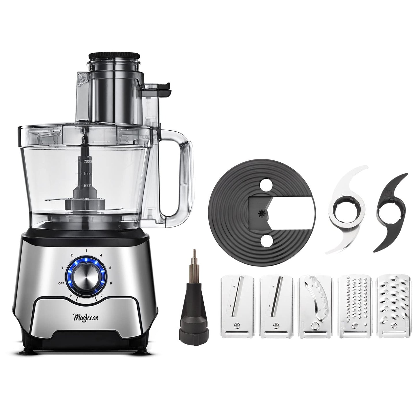 Magiccos 14 Cup Food Processor - 1000W Motor, Storage Drawer for Blades, 7 Speeds, XL Bowl & Large Feed Chute, French Fry Cutter, Chop Slice Shred & Mix for Vegetables, Cheese & Meat, Family Meals
