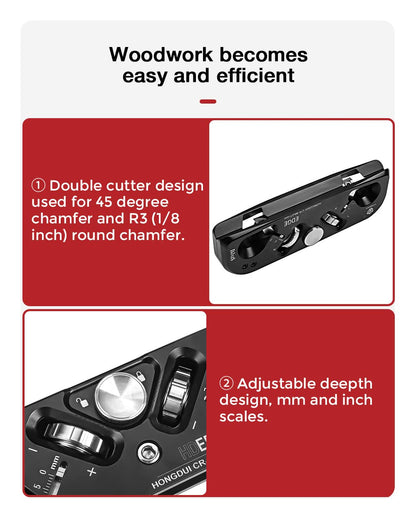 HONGDUI DJ11S 2-in-1 Chamfer & Radius Plane,5mm(1/32") Depth Adjustable, Aluminum Alloy Quick Edge & Radius Chamfering Plane, 3 Blades with 12 Cutting Edges for Use Woodworking Tool