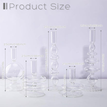 Rtteri 5 Pcs Glass Candlestick Holders Colorful Glass Taper Candle Stand Groovy Candlestick Wavy Boho Chic Clear Bases Holders Elegant Vase for Home Party Centerpiece(Clear)