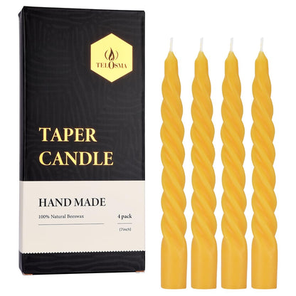 TELOSMA Beeswax Taper Candles Set of 4,Spiral Taper Candle Dripless Long Candle Sticks for Dinner Wedding Party Christmas Home Decorations - 7 Inch Tall - Yellow