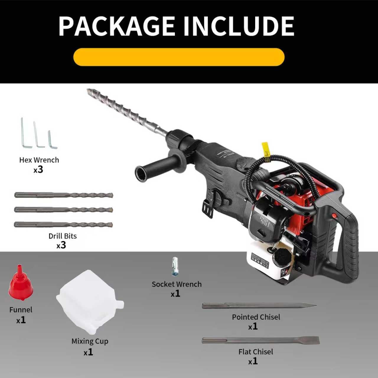 HANBENYTEX 32.6CC 2 Stroke Gas Powered Demolition Jack Hammer,3-in-1 Gasoline Hammer Drilling Machine Breaker Punch Drill Chisels Heavy Duty Gasoline Concrete Breaker Rock Drill for Crushing,Chiseling