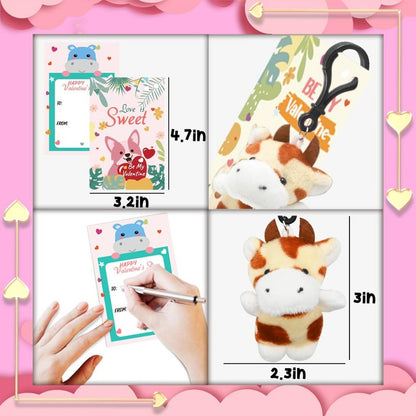 24PCS Valentines Day Cards with Small Stuffed Animals Plush Toys Set, Little Mini Stuffed Animal Keychain Valentine Exchange Cards for Kids Classroom School Exchange Prize, Valentines Day Gifts