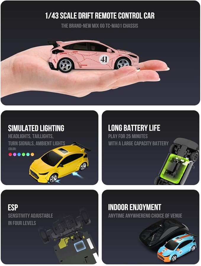 Mini RC Car with HD FPV Camera 1:43 Scale RC Drift Car for 25+ Mins Play 2.4GHz FPV Rc Car with LED Ambient Lights &amp Gyro Mini Racing Toys for Adults (RTR FPV Goggles Version/Pink)