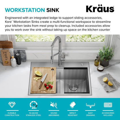 KRAUS Kore 30-Inch Drop In/Top Mount Workstation 16 Gauge 50/50 Double Bowl Stainless Steel Kitchen Sink with Accessories, KWT302-30