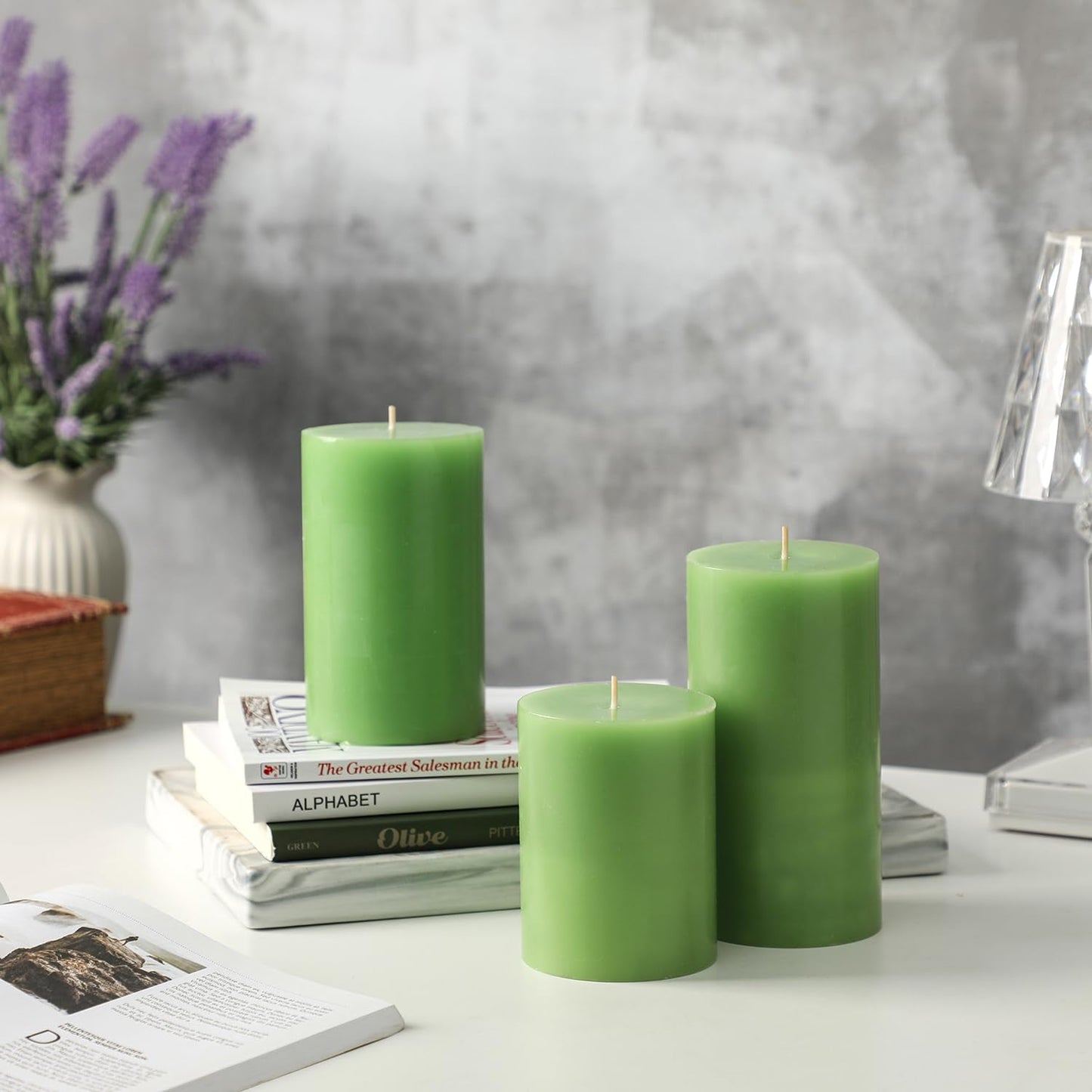 Green Pillar Candles Set of 3 - Spring Green Candles Decorations, Hand-Poured Unscented Candle, Smokeless Decorative Candle for Home, Set of 3 in Different Sizes (4", 5", 6")