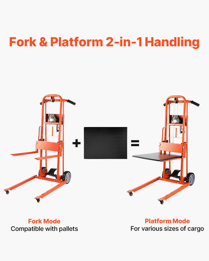 VEVOR Material Lift Winch Stacker, 330lbs Capacity Pallet Truck Dolly, 42.9in Max Lifting Height Manual Winch Stacker, Multifunctional Manual Pallet Truck Stacker with Swivel Casters and Lift Plate
