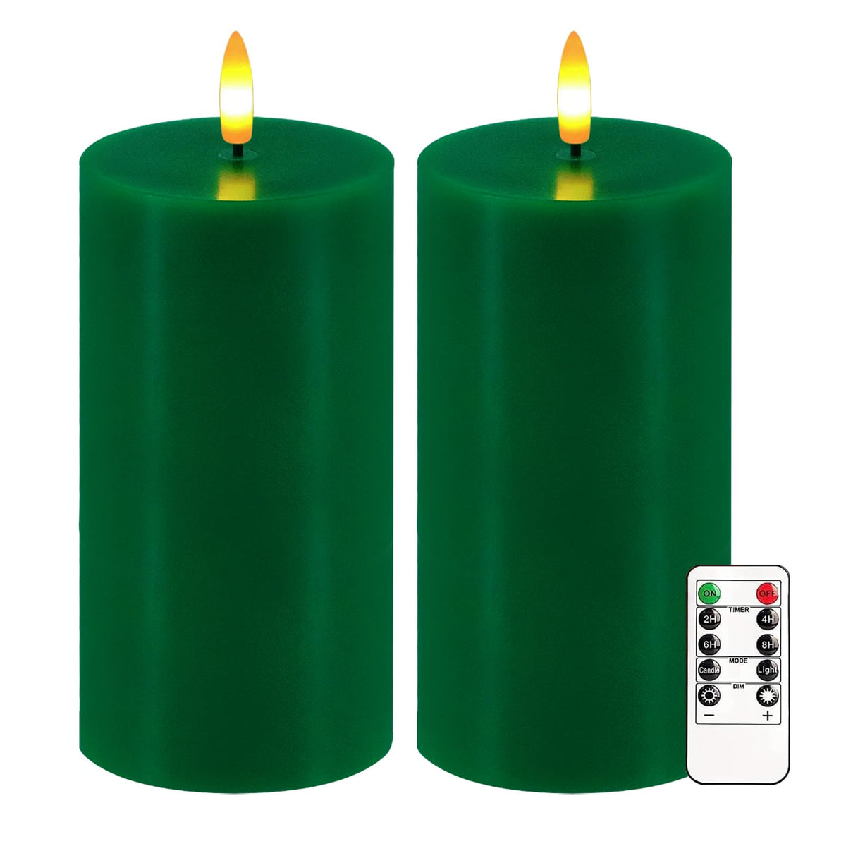 Green Flameless Candles, Set of 2 7"x3" Flickering LED Candles with Remote & Timer, Dimmable Electric Pillar Candles Battery Operated, Candles Light for Home St. Patrick's Christmas Decor (Green)