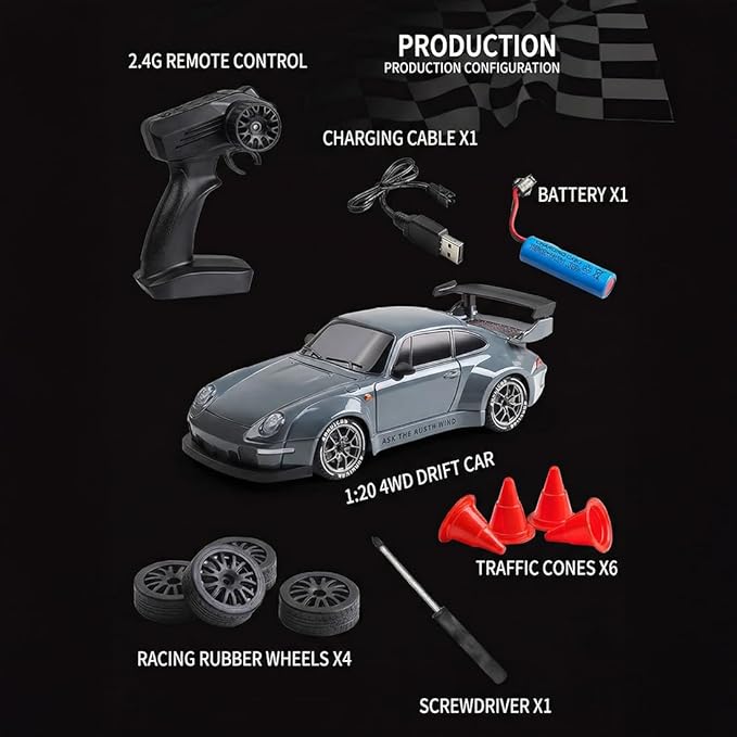 High Speed 1:24 4WD RC Drift Car with Proportional 2.4G Remote Control Dual Tire Configuration and LED Light Racing Vehicle Model for Adults Enthusiasts– Air Force Gray