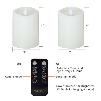 ASLDOIWEH 3x4 Flickering Flameless Candles Set of 2, 2AA Battery Life 600 Hours Battery Candles Flickering with Timer,4 inch Flameless Candles with Remote for Indoor/Outdoor, White
