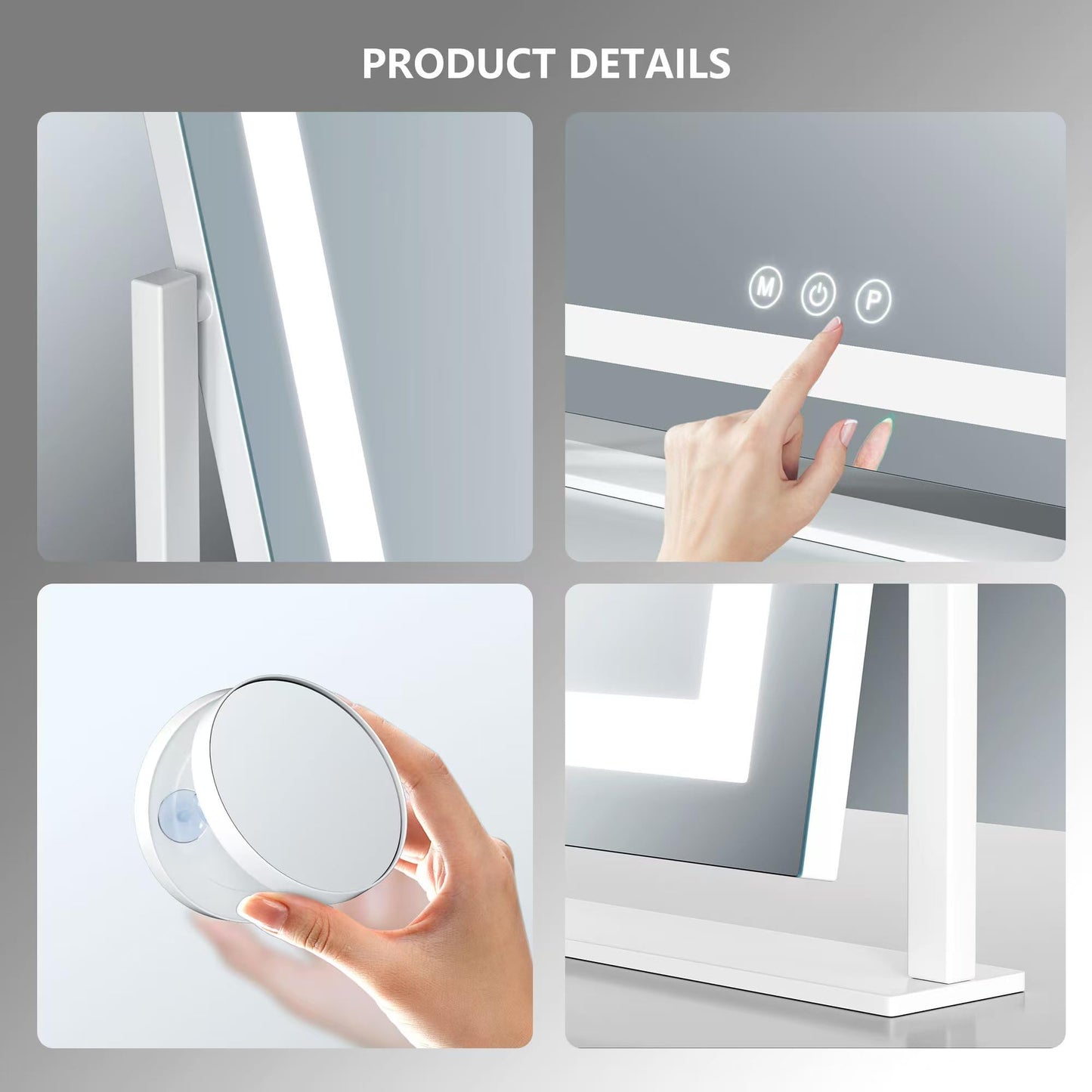 Makeup Vanity Mirror with Lights 15.2" Large LED Lighted Mirror, Hollywood Make Up Mirror with Lighting for Bedroom Tabletop, Smart Touch,Detachable 10X Magnification 360° Rotation, (White)
