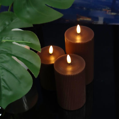3 Pack Wax LED Flameless Candles with Remote Real Wax Battery Operated Electric Pillar Candle Set with Vertical Stripes 3D Black Wick for Home Party Wedding Decorations, Brown, D 3 x H 4/5/6 inch