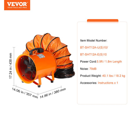 VEVOR Air Mover Blower Fan 12 Inch, 3198CFM 585W with 33ft Flexible Duct, Industrial Portable Ventilator Blower/Exhaust, Orange
