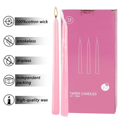 14-Pack Pink Taper Candles - 10 Inch Unscented Dripless Candlesticks, Long Burning for Weddings, Bridal Showers, Valentine's Day & Romantic Dinner Parties