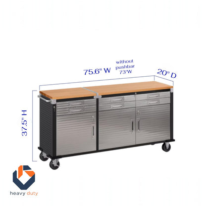 Heavy Duty 6-Drawer Rolling Work Center with Wood Top, Mobile Workbench with Storage, Steel Construction, 75.6" W x 20" D x 37.5" H, Tools Organized Station.