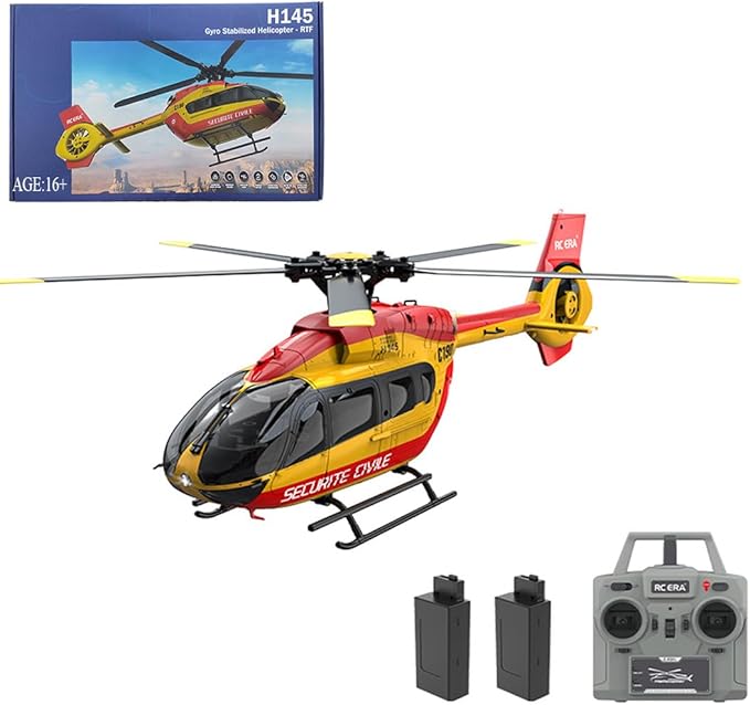 C190 RC Helicopter for Adults 1:30 Scale H145 2.4G 6CH Single Propeller Optical Flow Positioning Six-axis Gyroscope Stabilization (Red Yellow 2 Batteries)