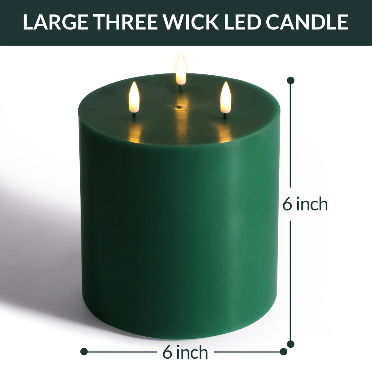 Eywamage Green 3 Wick Flameless Pillar Candle Φ 6" H 6", Giant Real Wax Flickering LED Candle with Remote