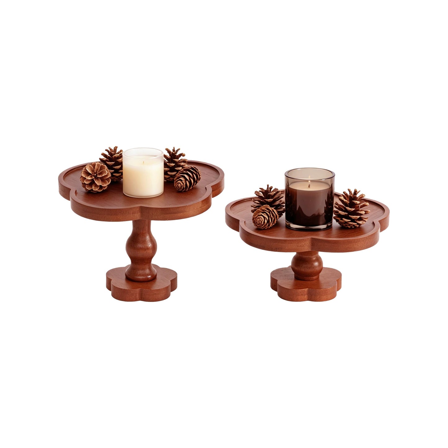 Candle Holders for Candlesticks – Boho Set of 2 Five-Petal Flower-Shaped Bamboo & Wood Candlesticks, Spacious Top Tray Fits Large Pillar Candles & Holds Decor, Rustic Table Centerpiece