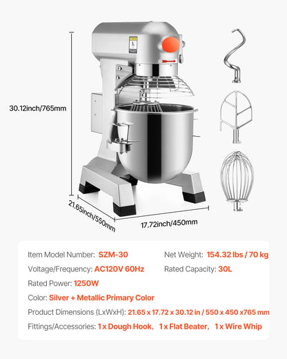 Happybuy 30Qt Commercial Food Mixer with Timing Function， Commercial Mixer 1250W Stainless Steel Bowl Heavy Duty Electric Food Mixer Commercial with 3 Speeds Adjustable, Perfect for Bakery Pizzeria