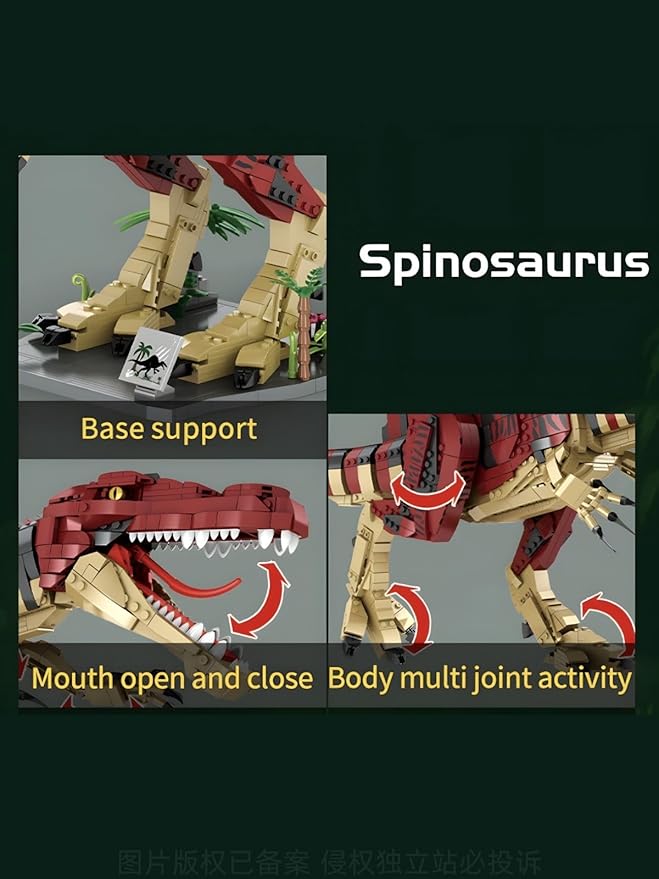 Large Spinosaurus Dinosaur Building Set 2000+ Pieces Large Display Model Poseable Dino Figure with Display Stand/Base Compatible with Lego Bricks Collectible Gift for Dinosaur Fans (Ages 6+)