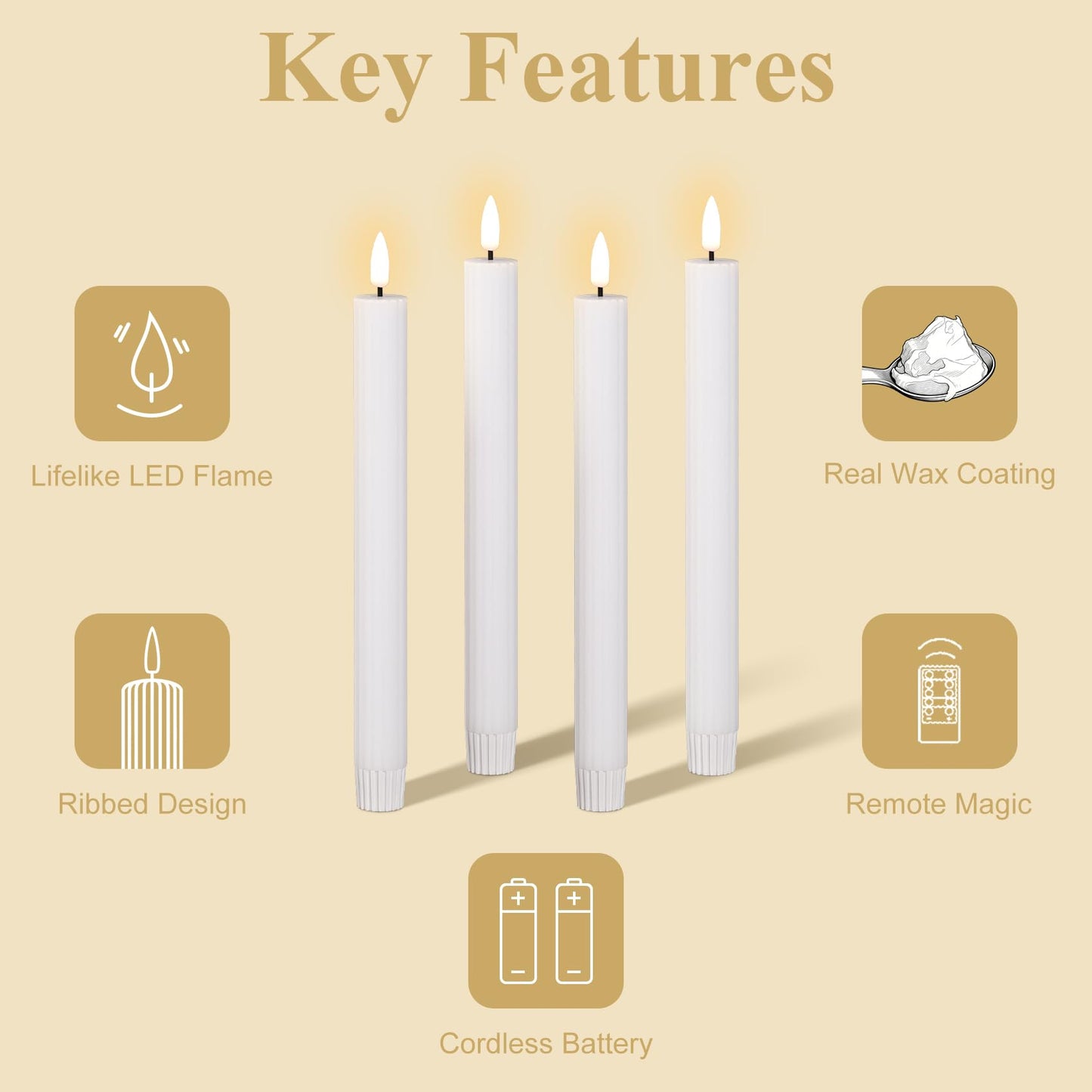 Girimax White Ribbed Fluted Flameless Taper Candles with Remote, Flickering Battery LED Wax Candlesticks Wedding Home Decor Set of 4